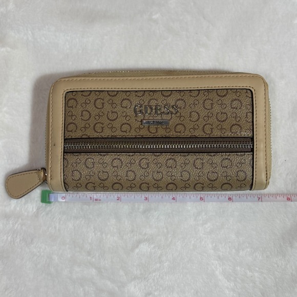 GUESS Womens Brown Monogram Logo Zip Around Wallet Tan Trim - Picture 6 of 9